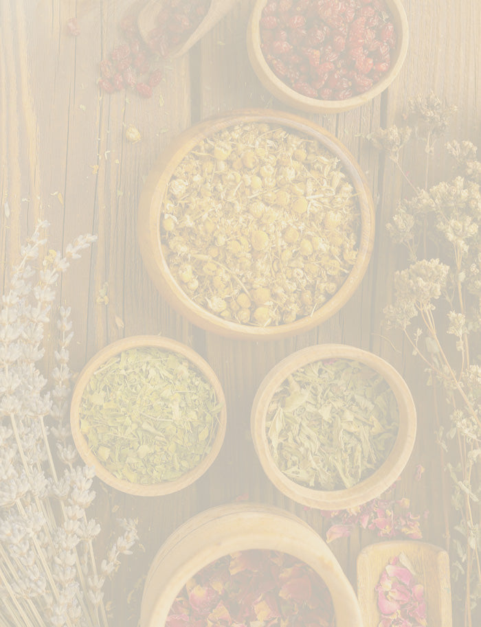 Wooden bowls filled with dried herbs and flowers, representing herbal supplements for herbalists