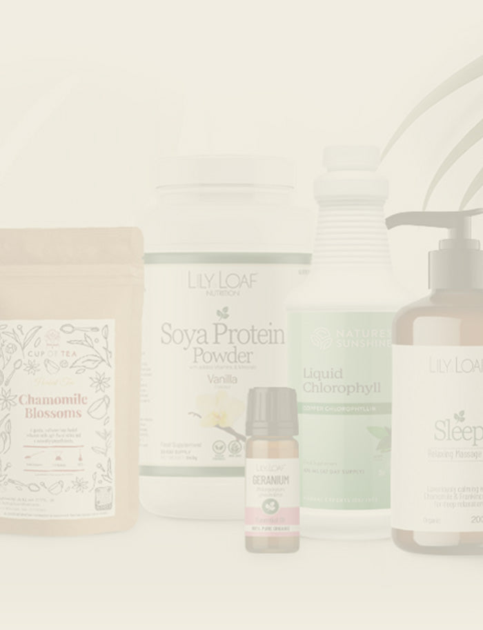 Collection of skincare and wellness products on a light background