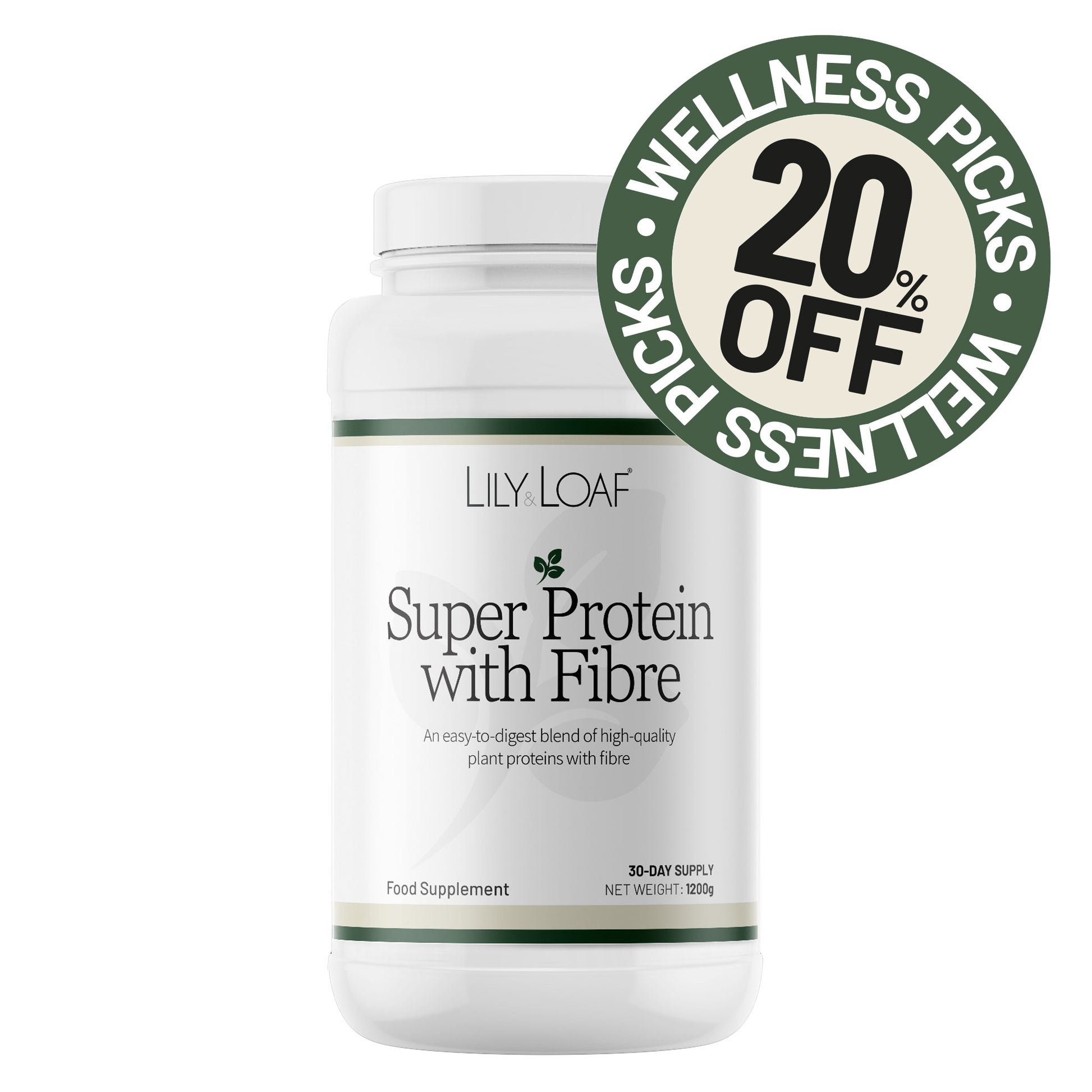 Lily & Loaf Super Protein with Fibre supplement bottle on a white background with a discount badge.