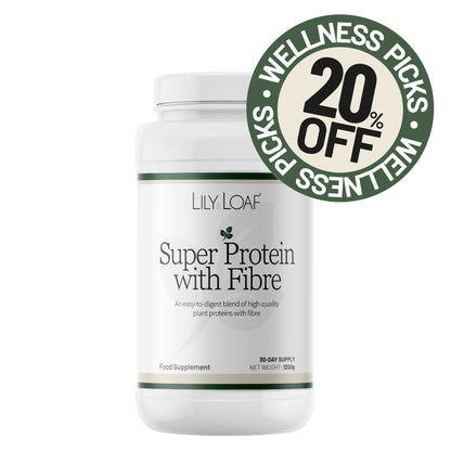 Lily & Loaf Super Protein with Fibre supplement bottle on a white background with a discount badge.