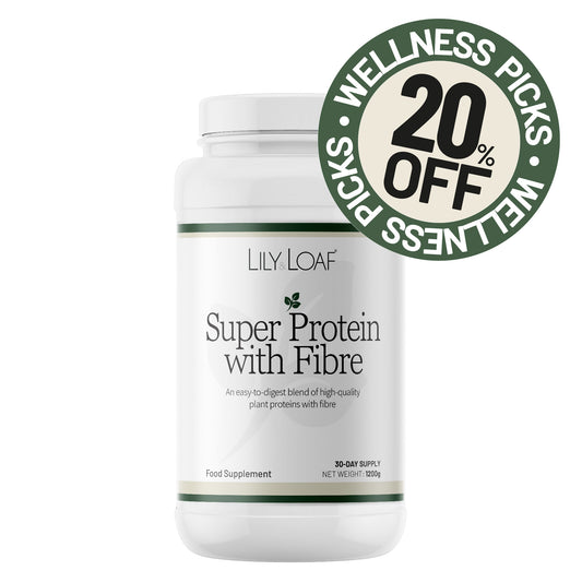 Lily & Loaf Super Protein with Fibre supplement bottle on a white background with a discount badge.