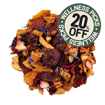 Wild cherry herbal tea blend featuring dried fruits, roots, and small blue flowers, with a green circular promotional sticker reading 'Wellness Picks 20% Off' placed over the upper right area.