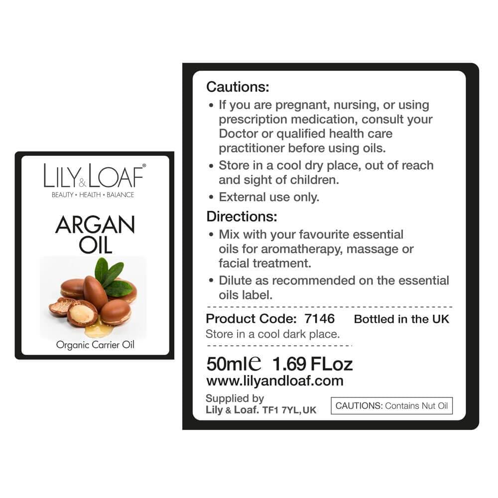 Lily & Loaf Argan Organic Carrier Oil (100ml) label information