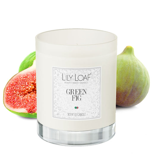 Green Fig Soy Wax Candle with ingredients behind