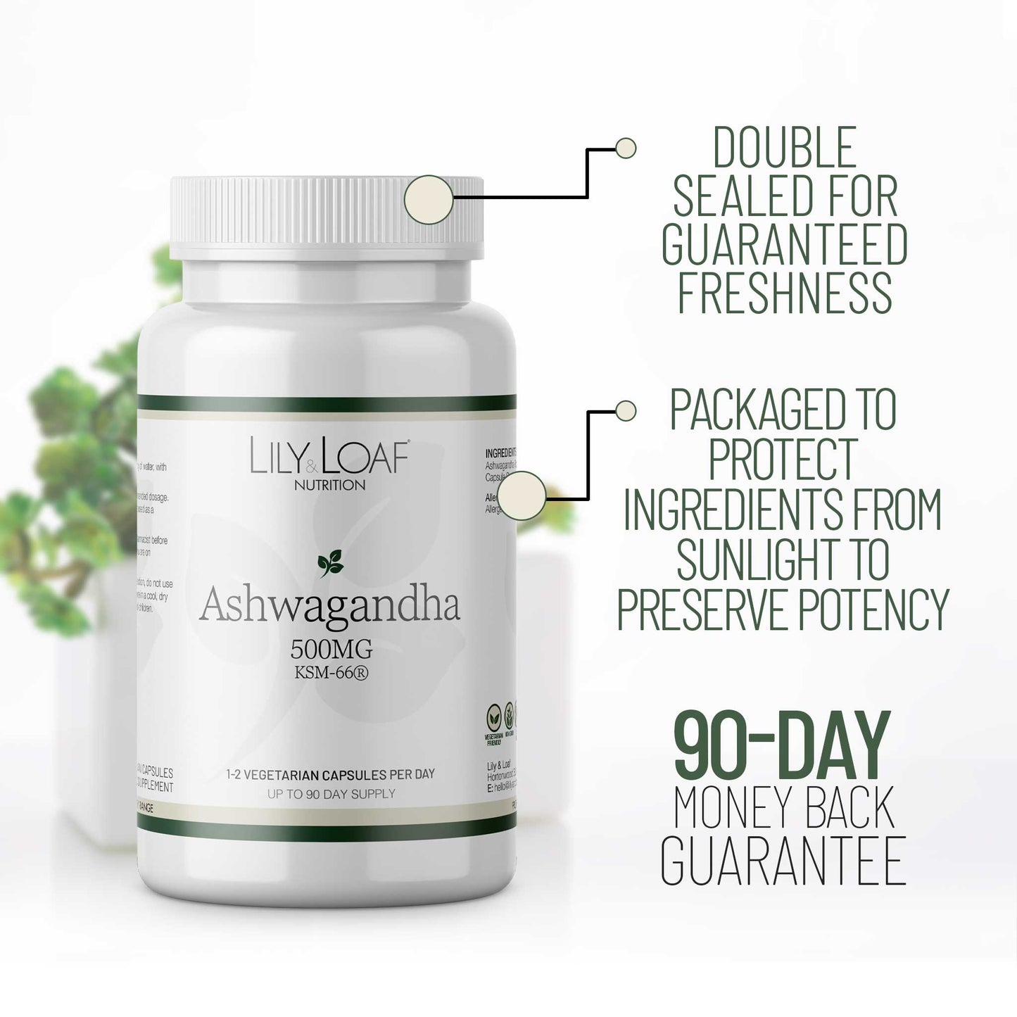 Ashwagandha packaging information and 90-day guarantee