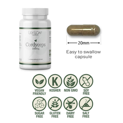 Cordyceps capsule size and allergen symbols