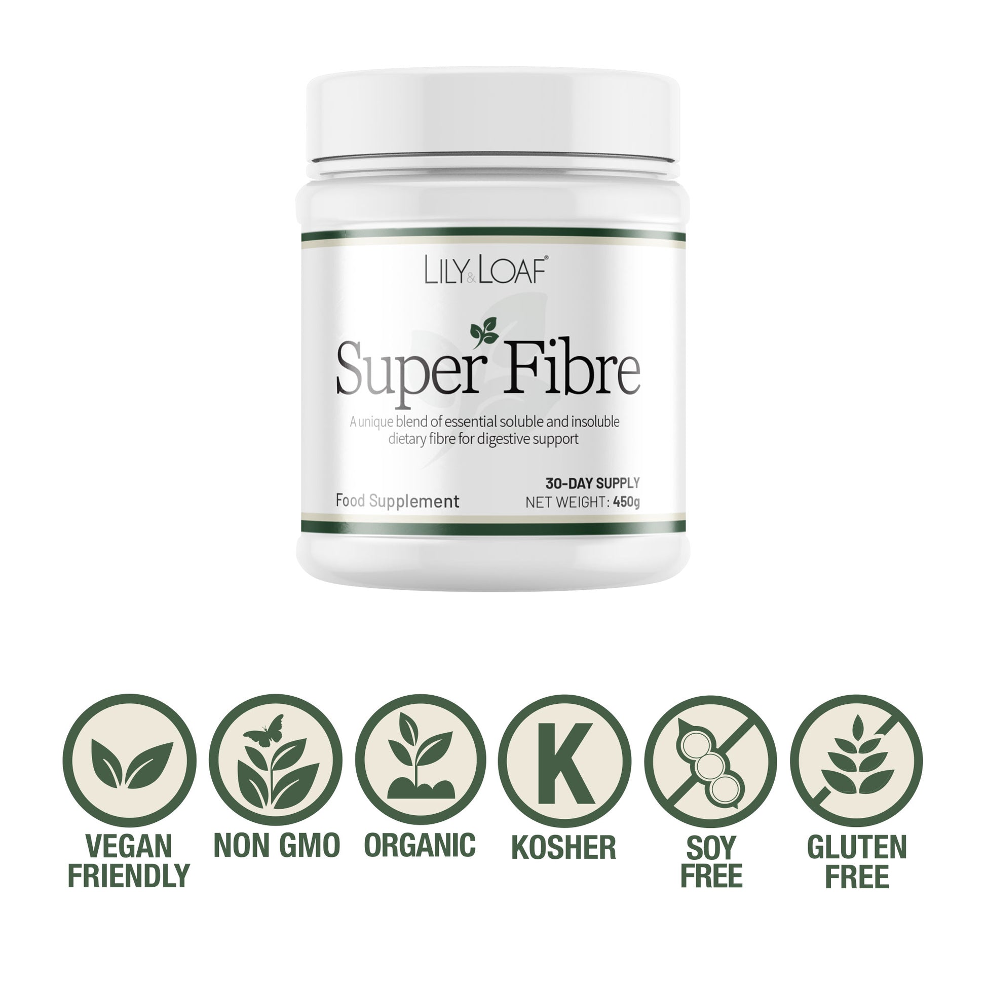 Lily & Loaf Super Fibre supplement container with free from certification icons on a white background