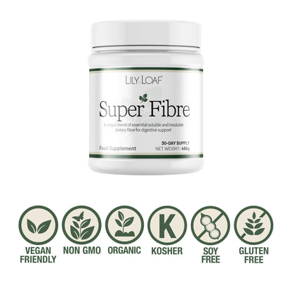 Lily & Loaf Super Fibre supplement container with free from certification icons on a white background
