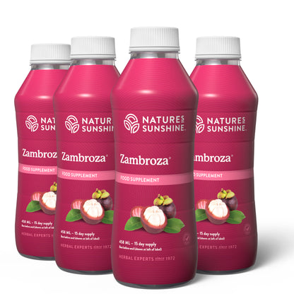 Four Nature’s Sunshine Zambroza supplement bottles displayed together on a white background