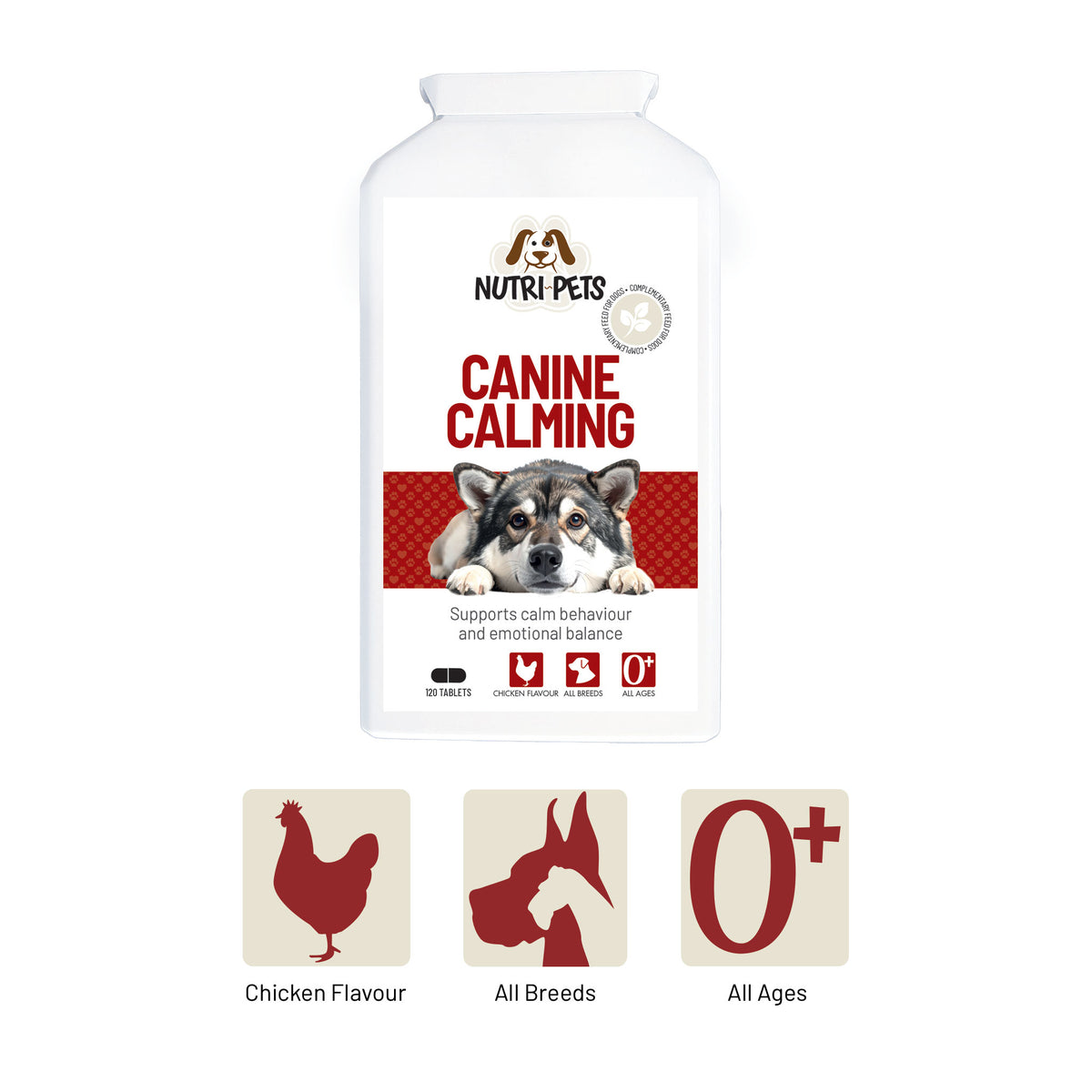 A white bottle of Nutri-Pets Canine Calming tablets shown next to chicken flavour icons, suitable for all breeds and all ages.