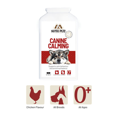 A white bottle of Nutri-Pets Canine Calming tablets shown next to chicken flavour icons, suitable for all breeds and all ages.