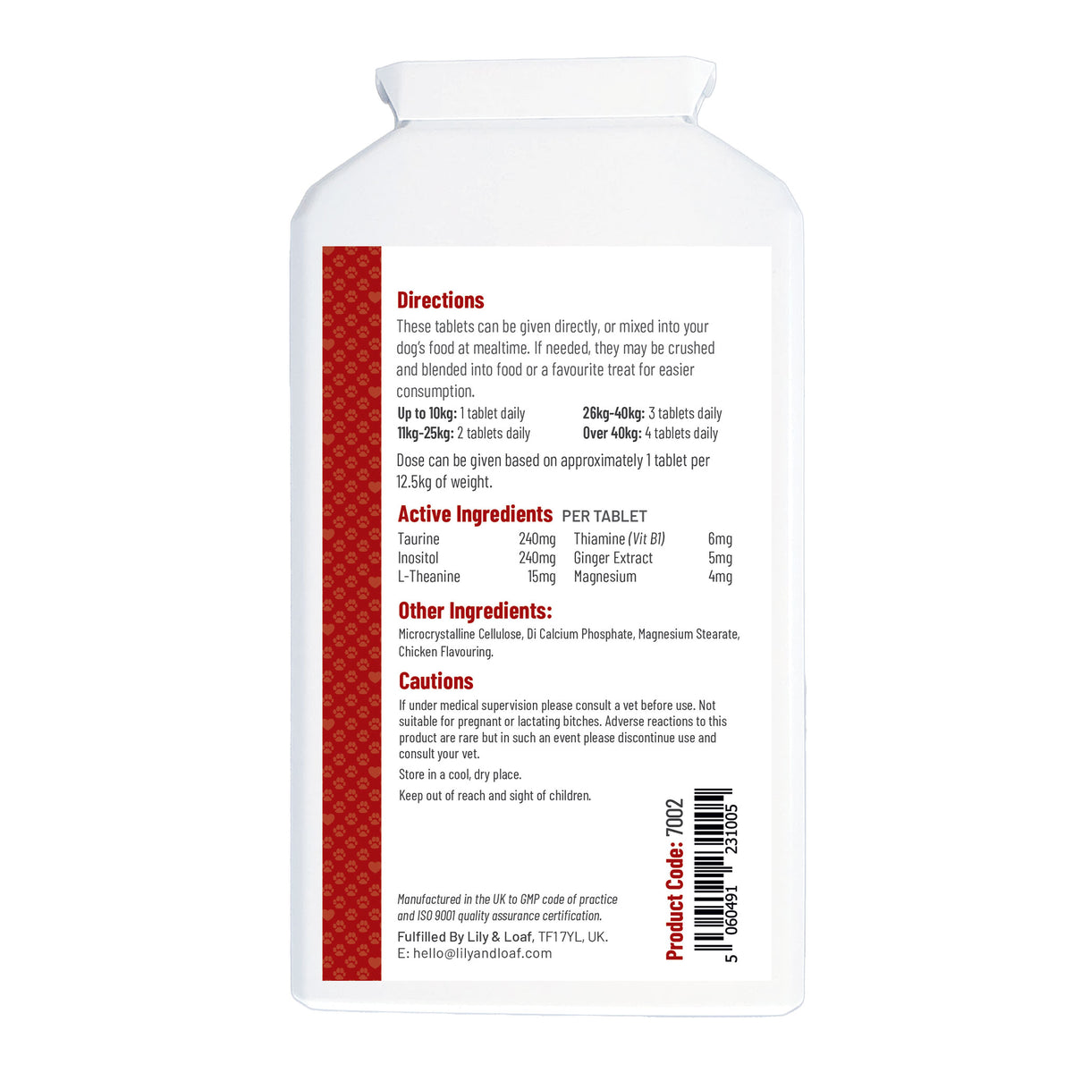 The back label of Nutri-Pets Canine Calming tablets, showing the white and red printed label with directions, ingredients, and warnings.