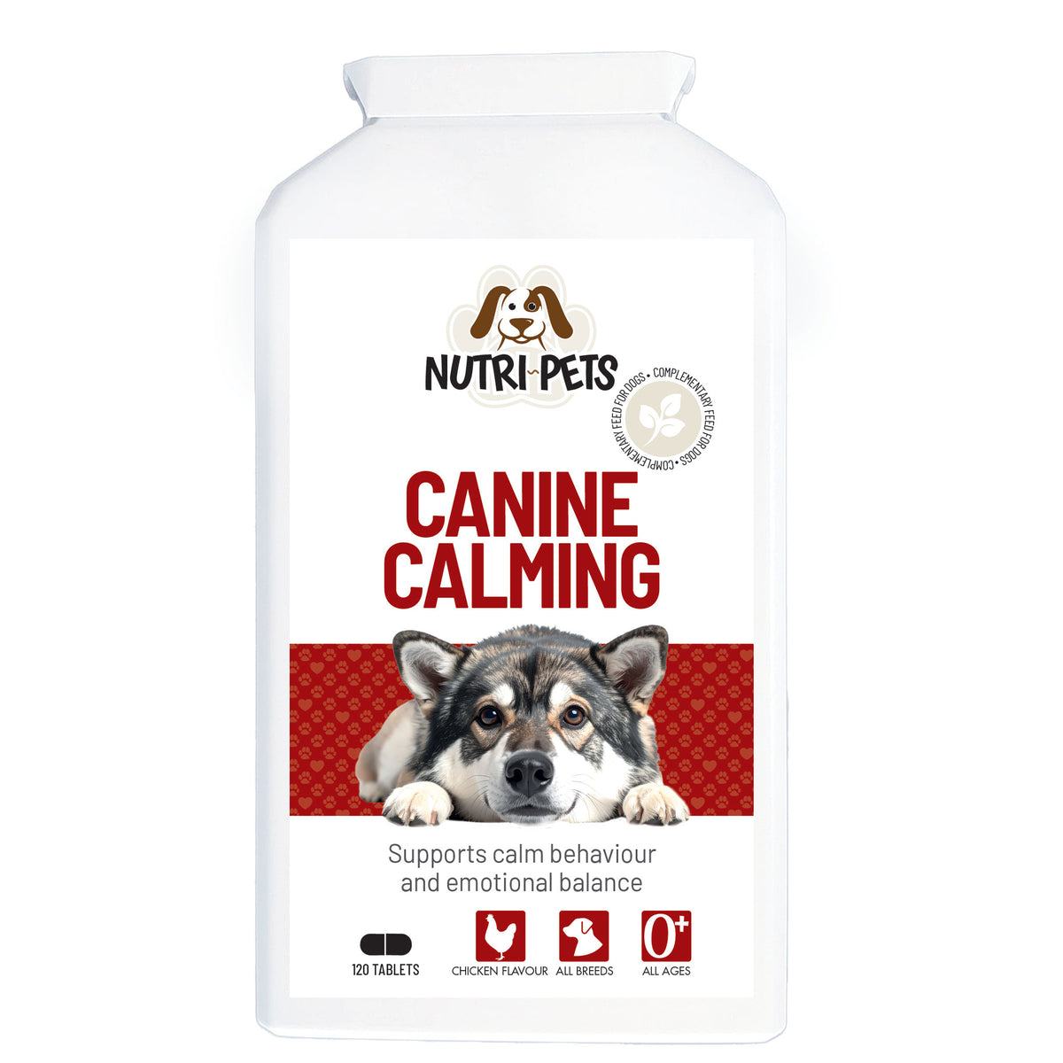 Nutri- Pets Canine Calming tablets, featuring a label with a dog's face, red text, and product details.