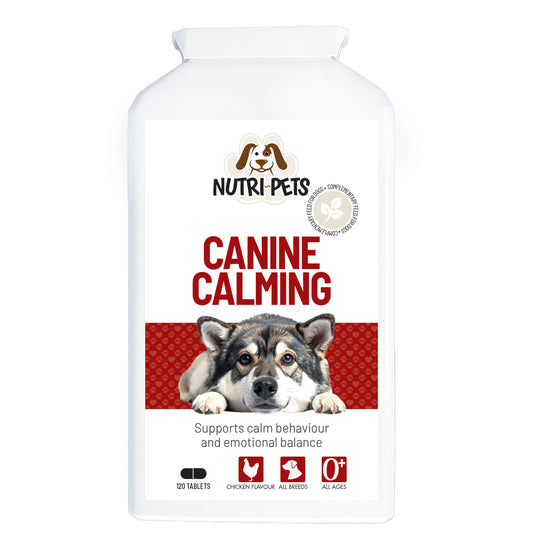 Nutri- Pets Canine Calming tablets, featuring a label with a dog's face, red text, and product details.