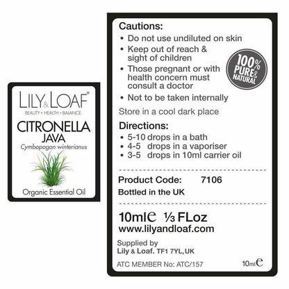 Citronella Organic Essential Oil label information