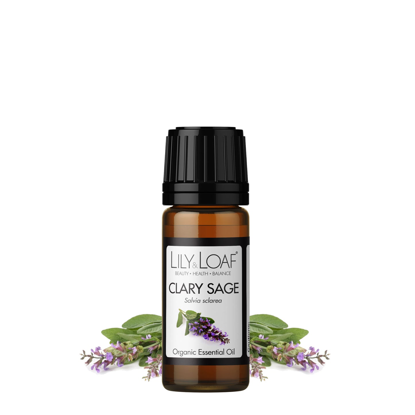 Clary Sage Organic Essential Oil with clary sage flowers in the background 