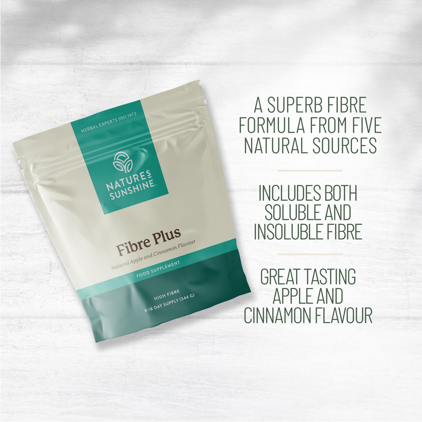 Nature's Sunshine Fibre Plus supplement pouch highlighting soluble and insoluble fibre blend with apple and cinnamon flavour benefits