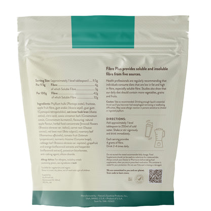 Nature's Sunshine Fibre Plus supplement pouch showing ingredients, fibre content, directions for use and nutritional information on back label