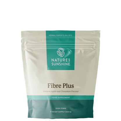 Nature's Sunshine Fibre Plus supplement pouch, high fibre apple and cinnamon flavour powder with 9–18 day supply