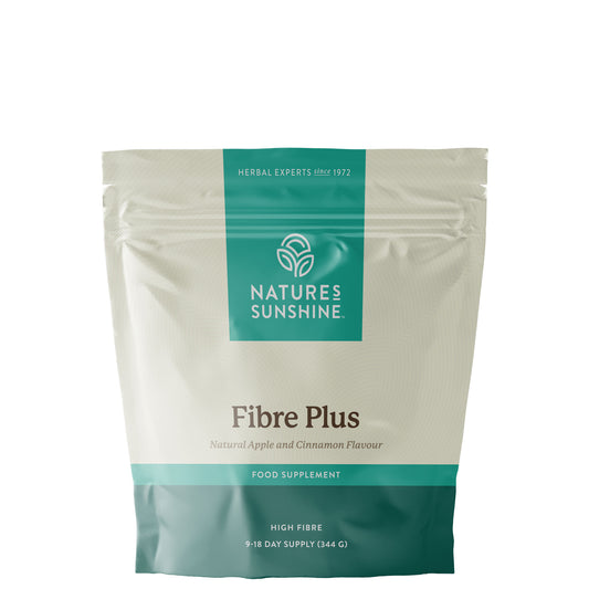 Nature's Sunshine Fibre Plus supplement pouch, high fibre apple and cinnamon flavour powder with 9–18 day supply