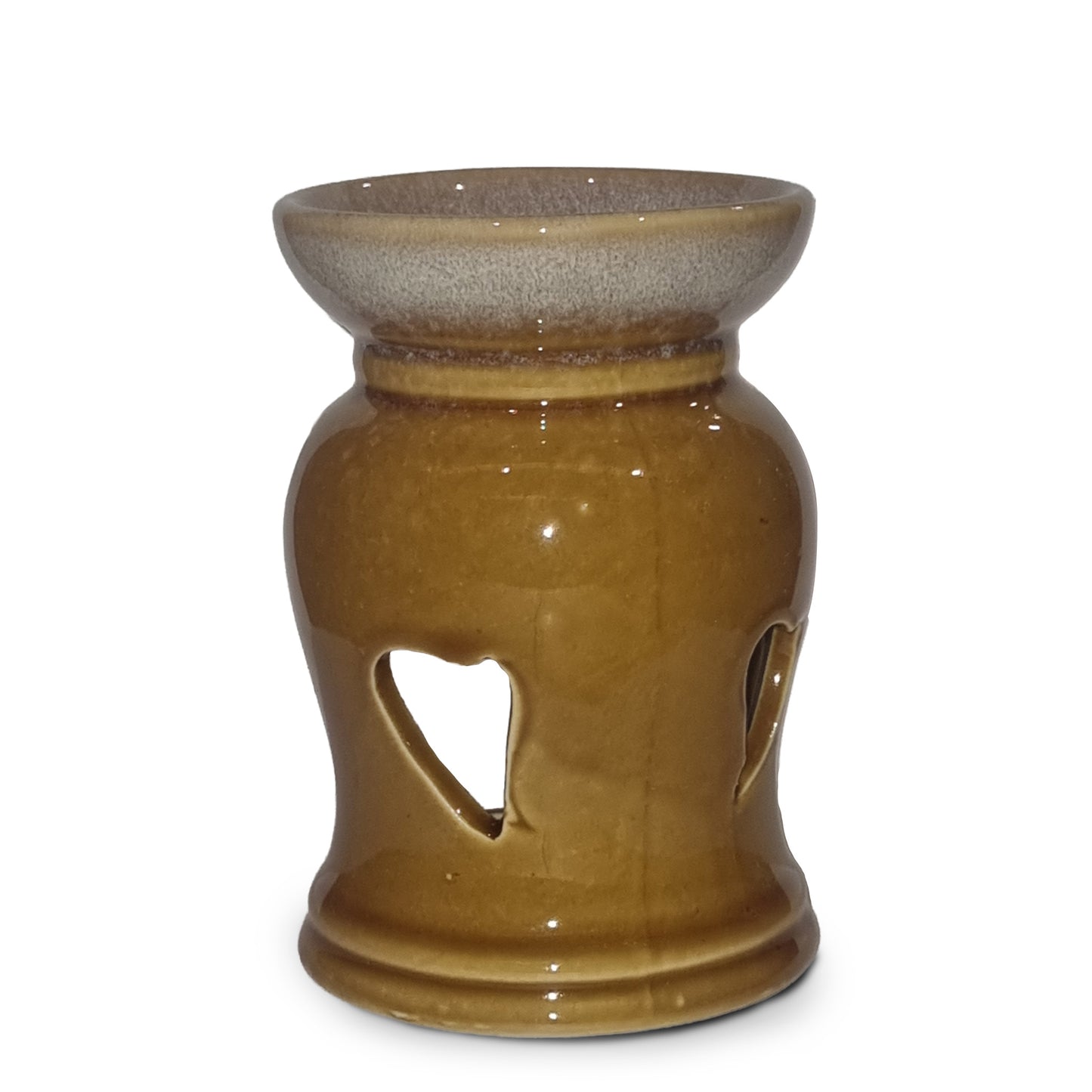 Brown ceramic heart-shaped essential oil burner with cut-out designs