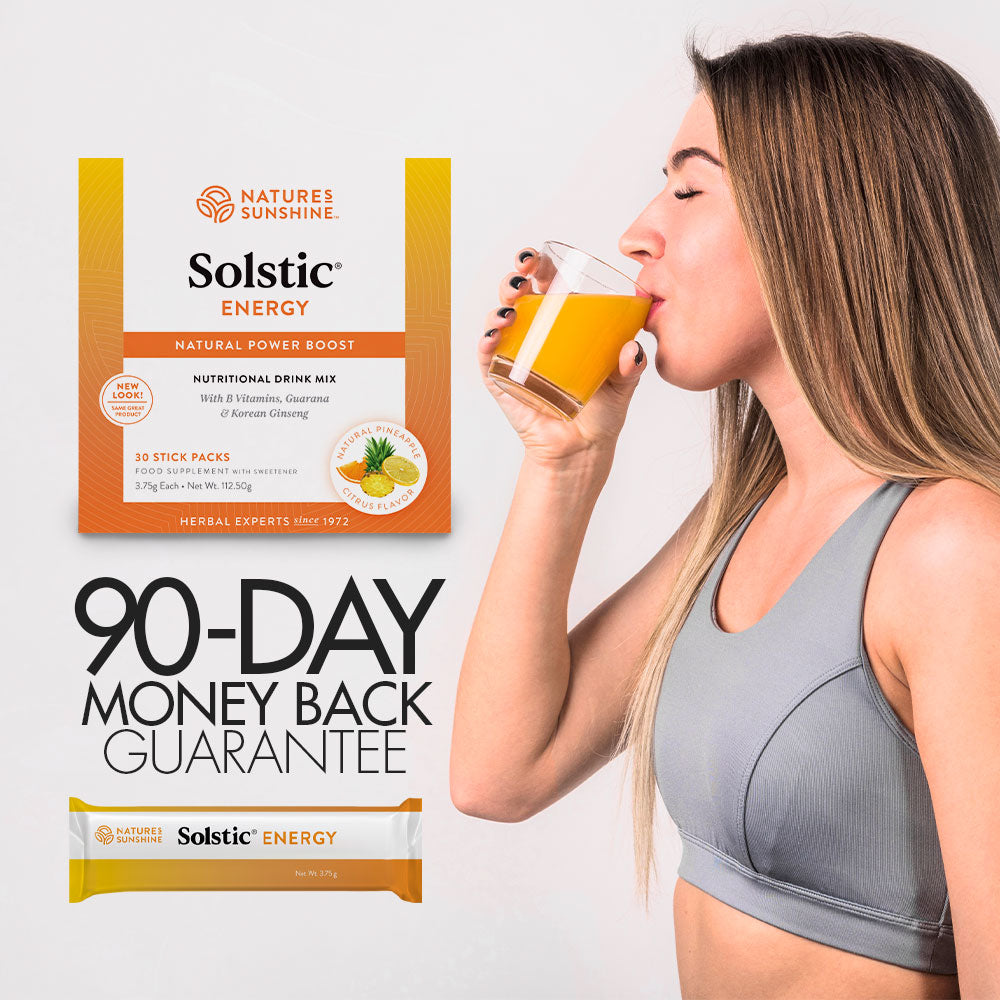 Natures Sunshine - Solstic® Energy (30 Sachets) - female drinking the solstic mix