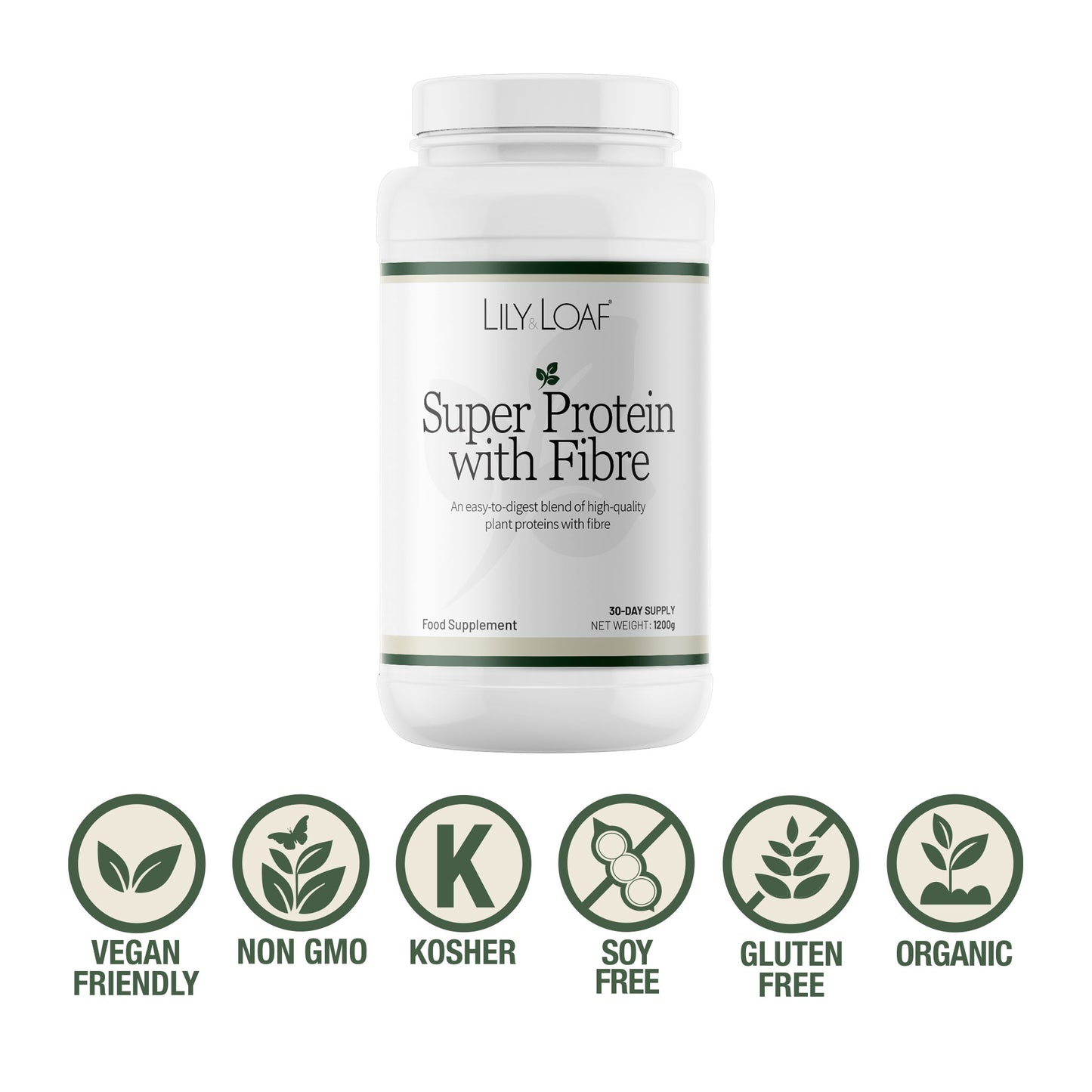 Lily Loaf Super Protein with Fibre supplement tub with vegan, non GMO, kosher, soy free, gluten free and organic icons