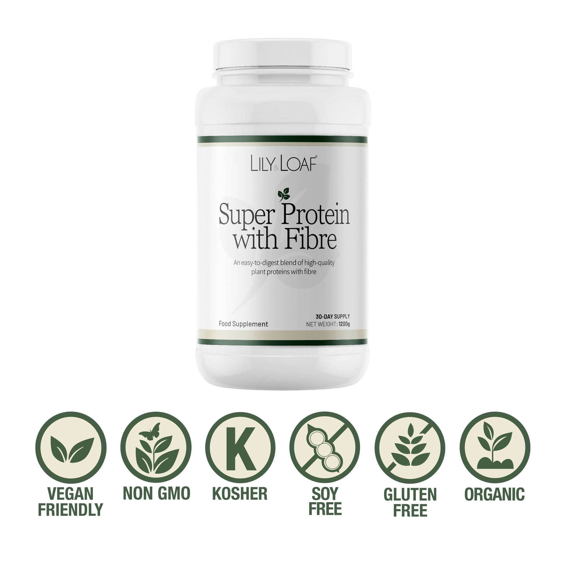 Lily Loaf Super Protein with Fibre supplement tub with vegan, non GMO, kosher, soy free, gluten free and organic icons