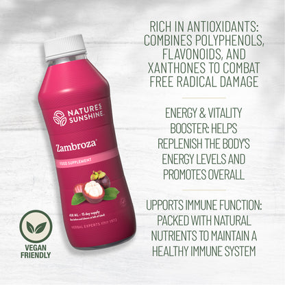 Nature’s Sunshine Zambroza supplement bottle with antioxidant benefit text and vegan-friendly icon on a light textured background